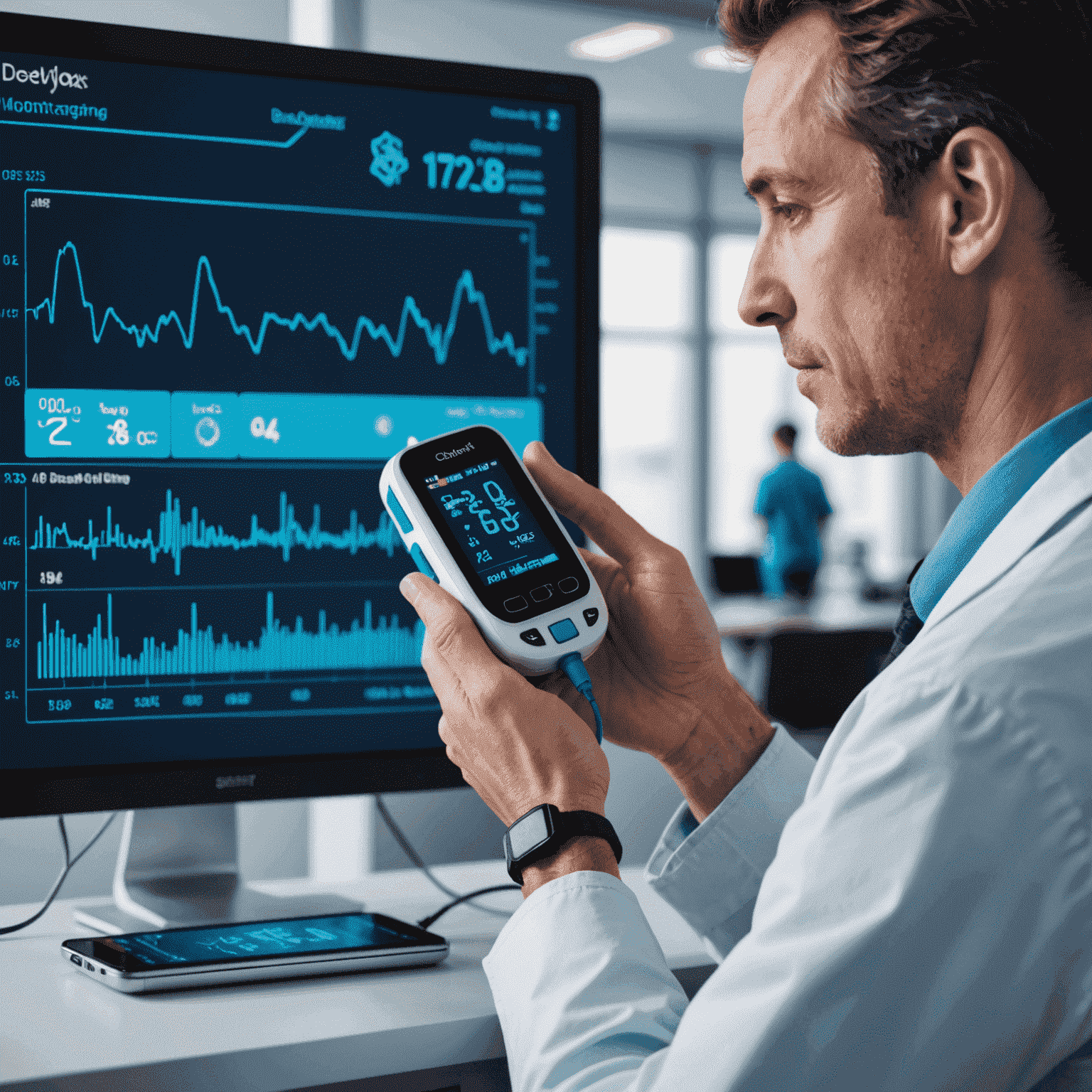 Ilustrație abstractă reprezentând monitorizarea la distanță a oxigenului. Un pulsoximetru OxiSmart este conectat wireless la un dispozitiv, cu linii ondulate albastre indicând transmisia de date. În fundal, silueta unui specialist analizând informațiile pe un ecran mare.